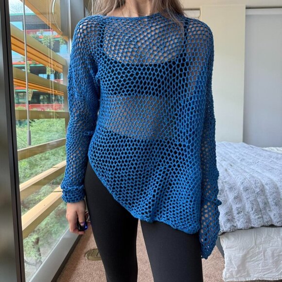 Gabriela Hearst Open Knit Asymmetric Blue Top - Picture 1 of 7